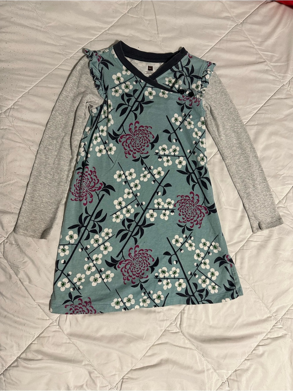 Kids Floral Print Layered-Look Dress in Teal and Gray